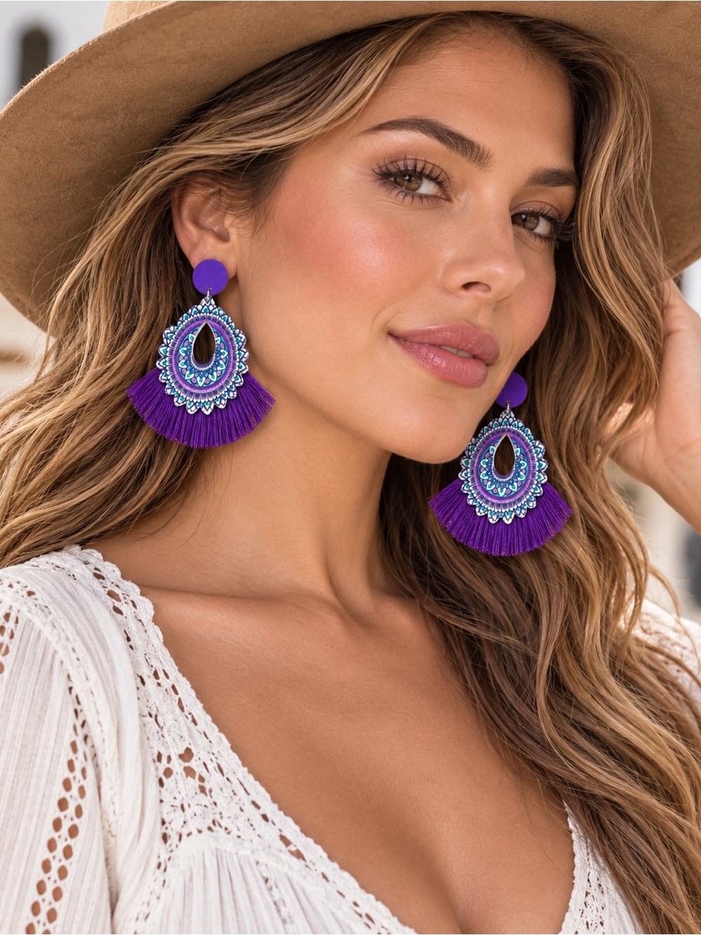 Purple Tassel Teardrop Statement Earrings • BRAND NEW